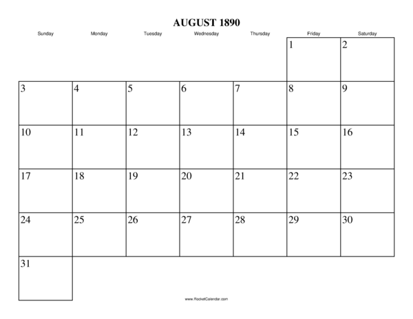 August 1890 Calendar