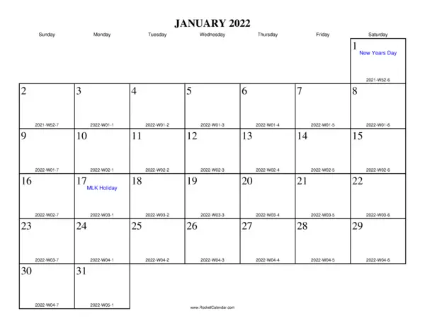 January 2022 ISO Calendar