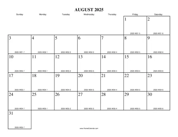 August 2025 ISO Calendar