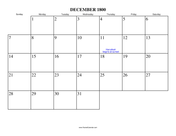 December 1800 Calendar