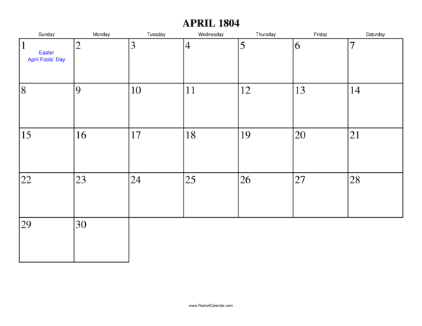 April 1804 Calendar