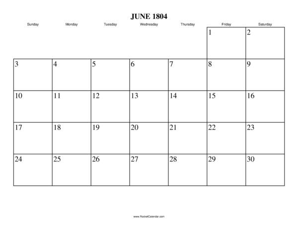 June 1804 Calendar