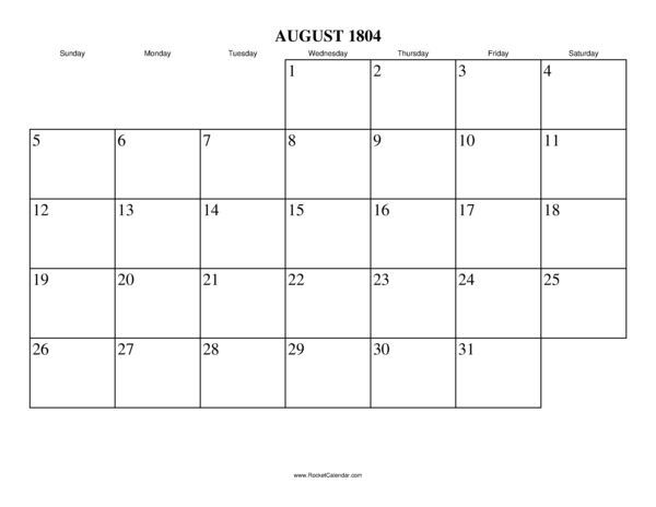 August 1804 Calendar