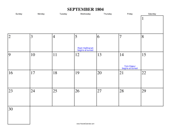 September 1804 Calendar