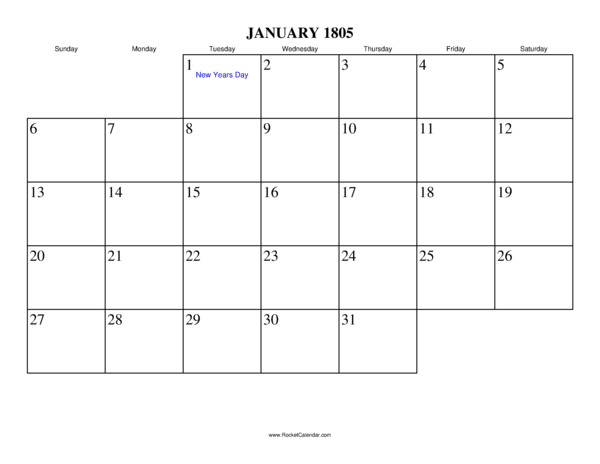 January 1805 Calendar