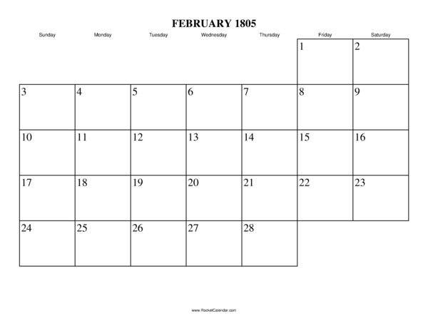 February 1805 Calendar