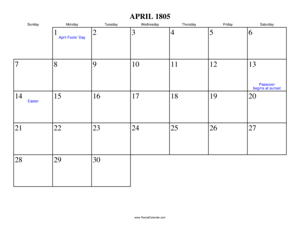 April 1805 Calendar