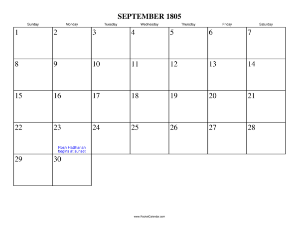 September 1805 Calendar