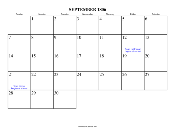 September 1806 Calendar