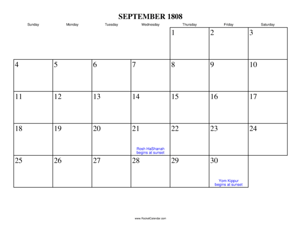 September 1808 Calendar