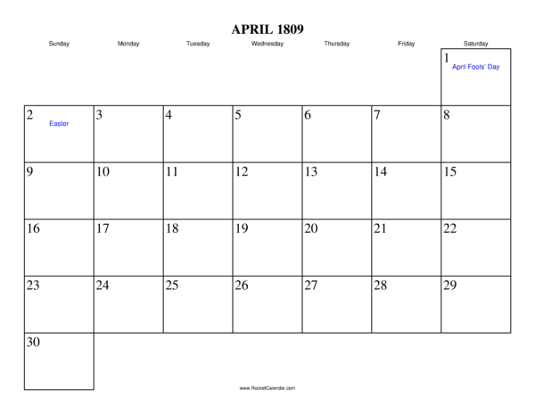 April 1809 Calendar