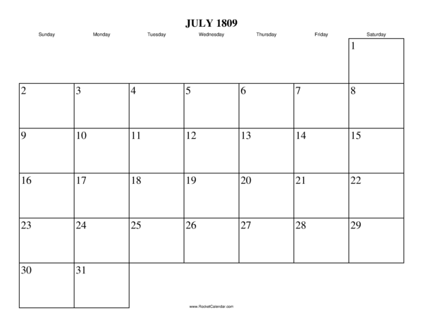 July 1809 Calendar