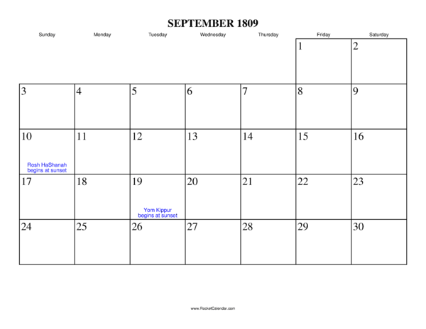 September 1809 Calendar