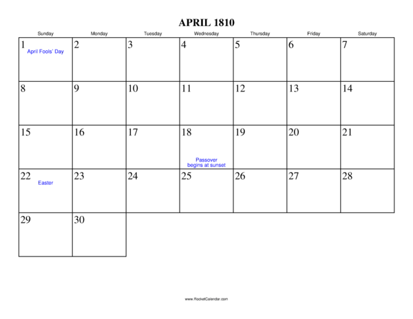 April 1810 Calendar