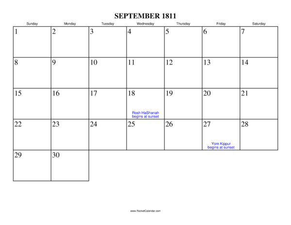 September 1811 Calendar