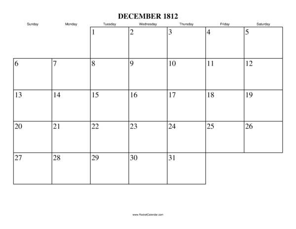 December 1812 Calendar