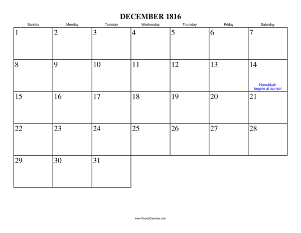 December 1816 Calendar