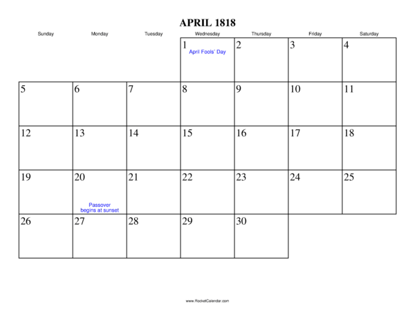 April 1818 Calendar