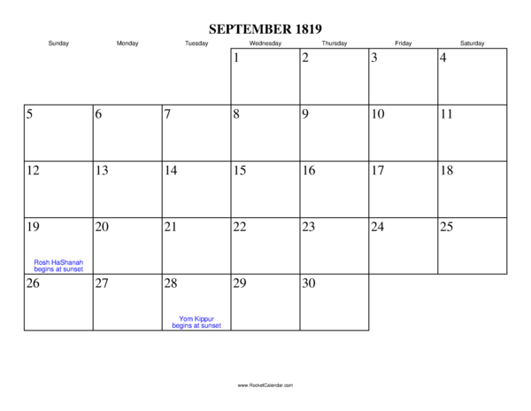 September 1819 Calendar