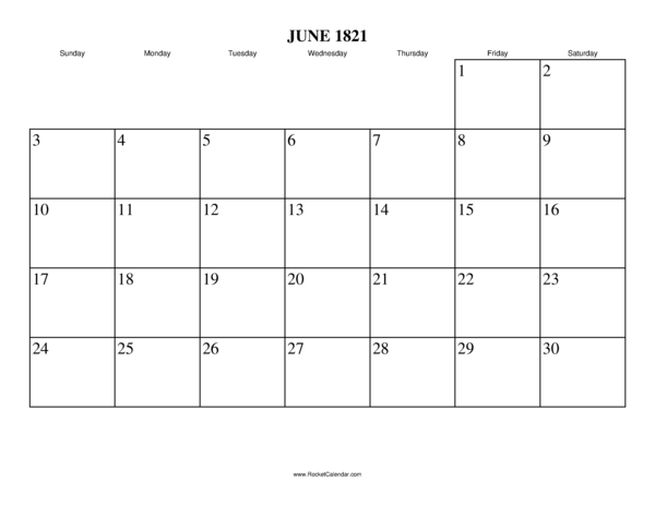 June 1821 Calendar