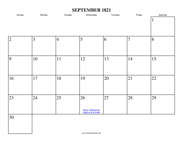 September 1821 Calendar