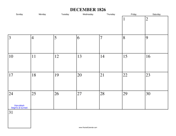 December 1826 Calendar