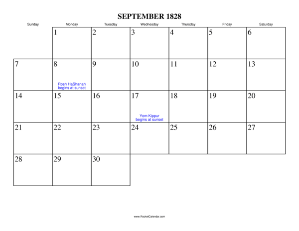 September 1828 Calendar