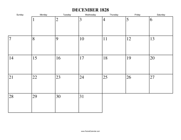 December 1828 Calendar