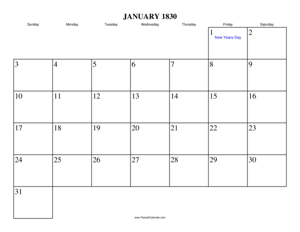 January 1830 Calendar