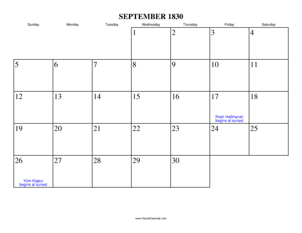 September 1830 Calendar