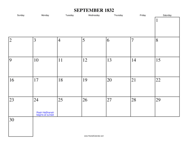 September 1832 Calendar