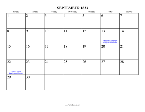 September 1833 Calendar