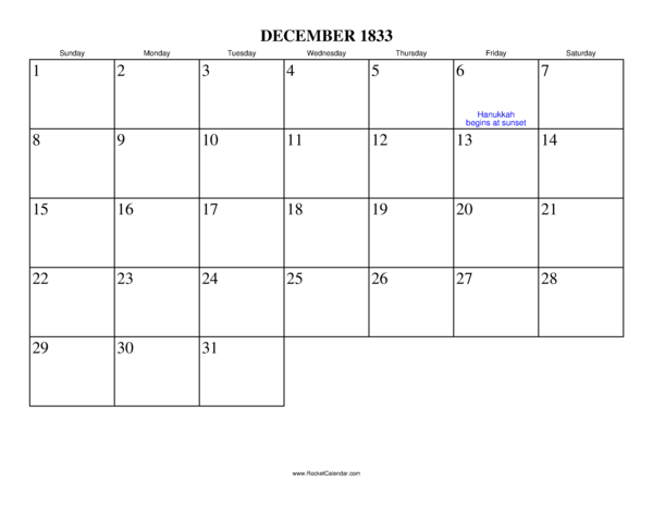 December 1833 Calendar