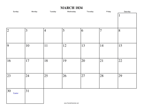 March 1834 Calendar