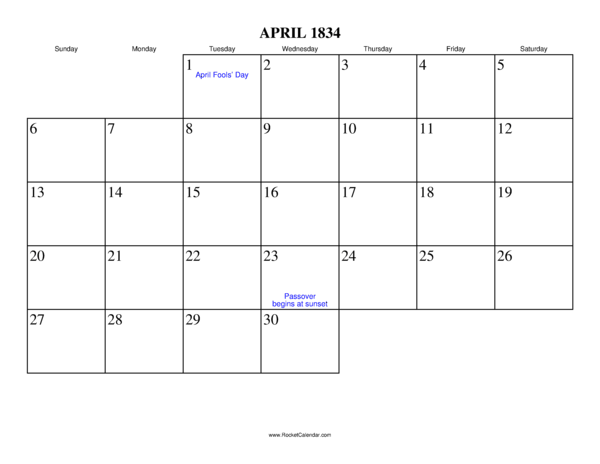 April 1834 Calendar