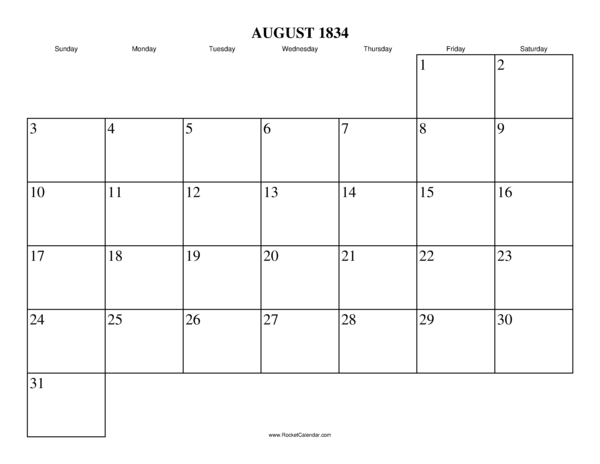 August 1834 Calendar