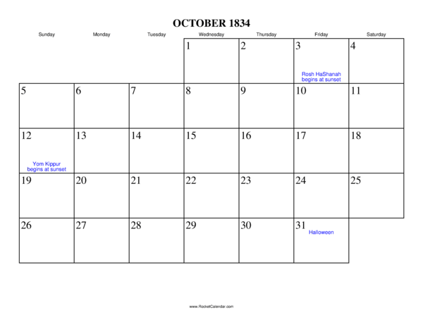 October 1834 Calendar