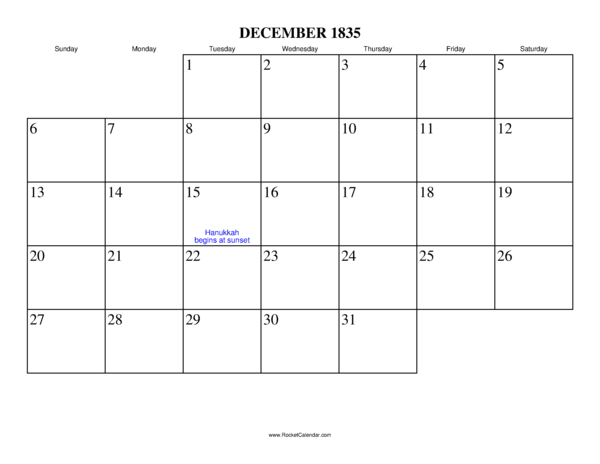 December 1835 Calendar