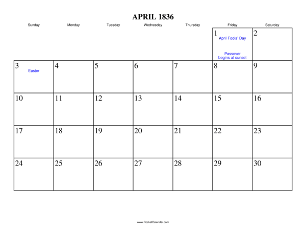 April 1836 Calendar