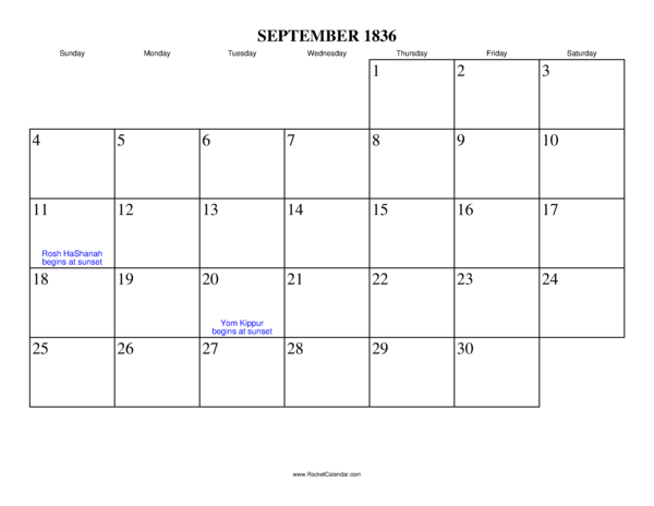 September 1836 Calendar