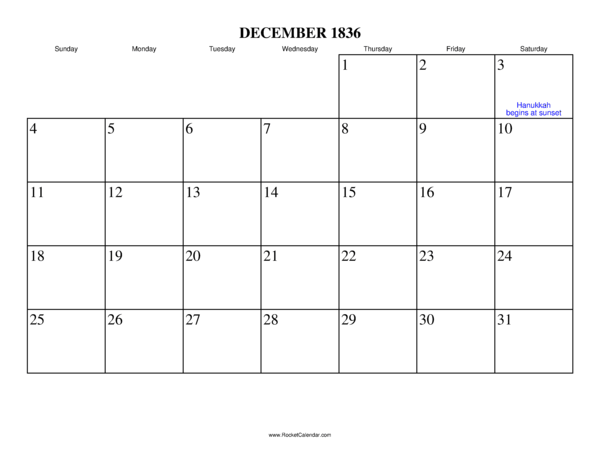 December 1836 Calendar