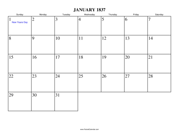 January 1837 Calendar