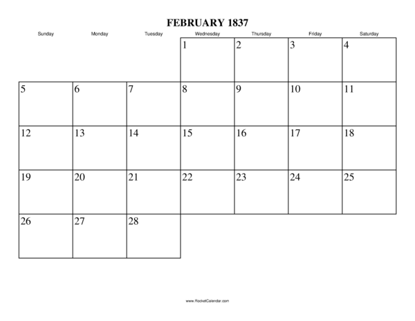 February 1837 Calendar