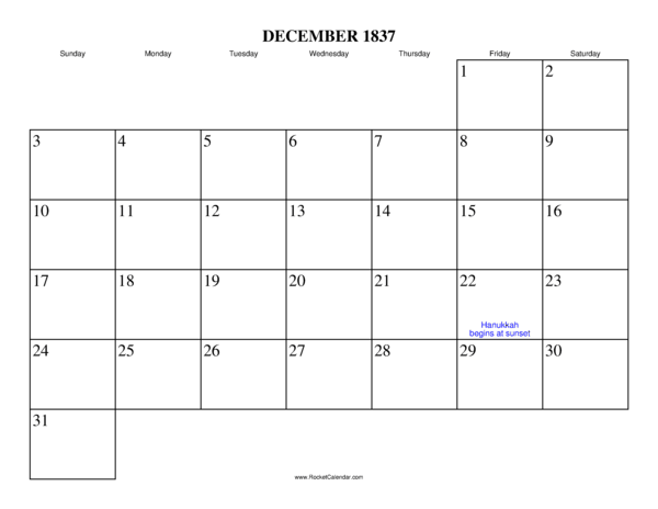 December 1837 Calendar