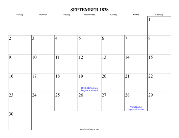 September 1838 Calendar