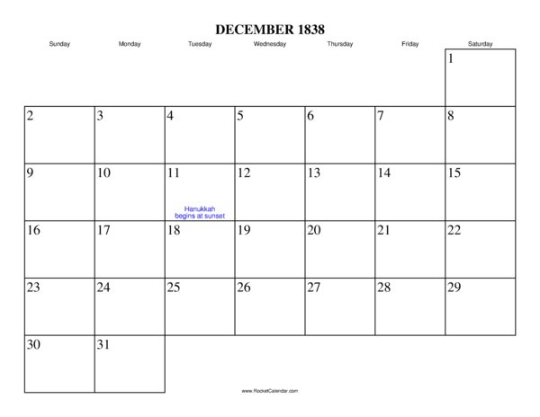 December 1838 Calendar