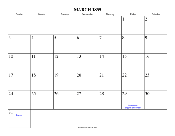 March 1839 Calendar