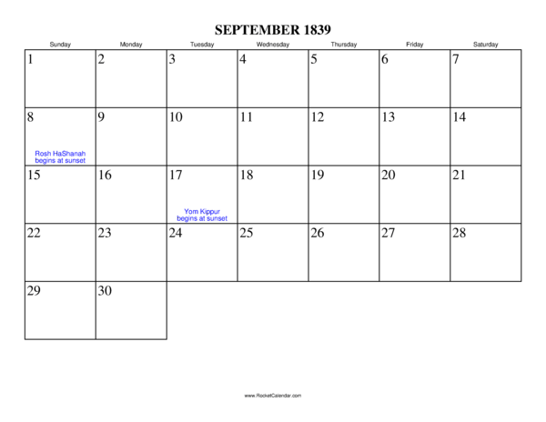 September 1839 Calendar