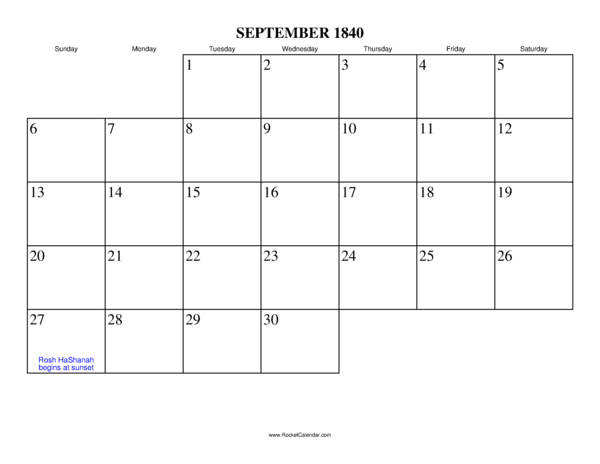 September 1840 Calendar