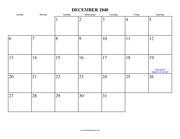 December 1840 Calendar